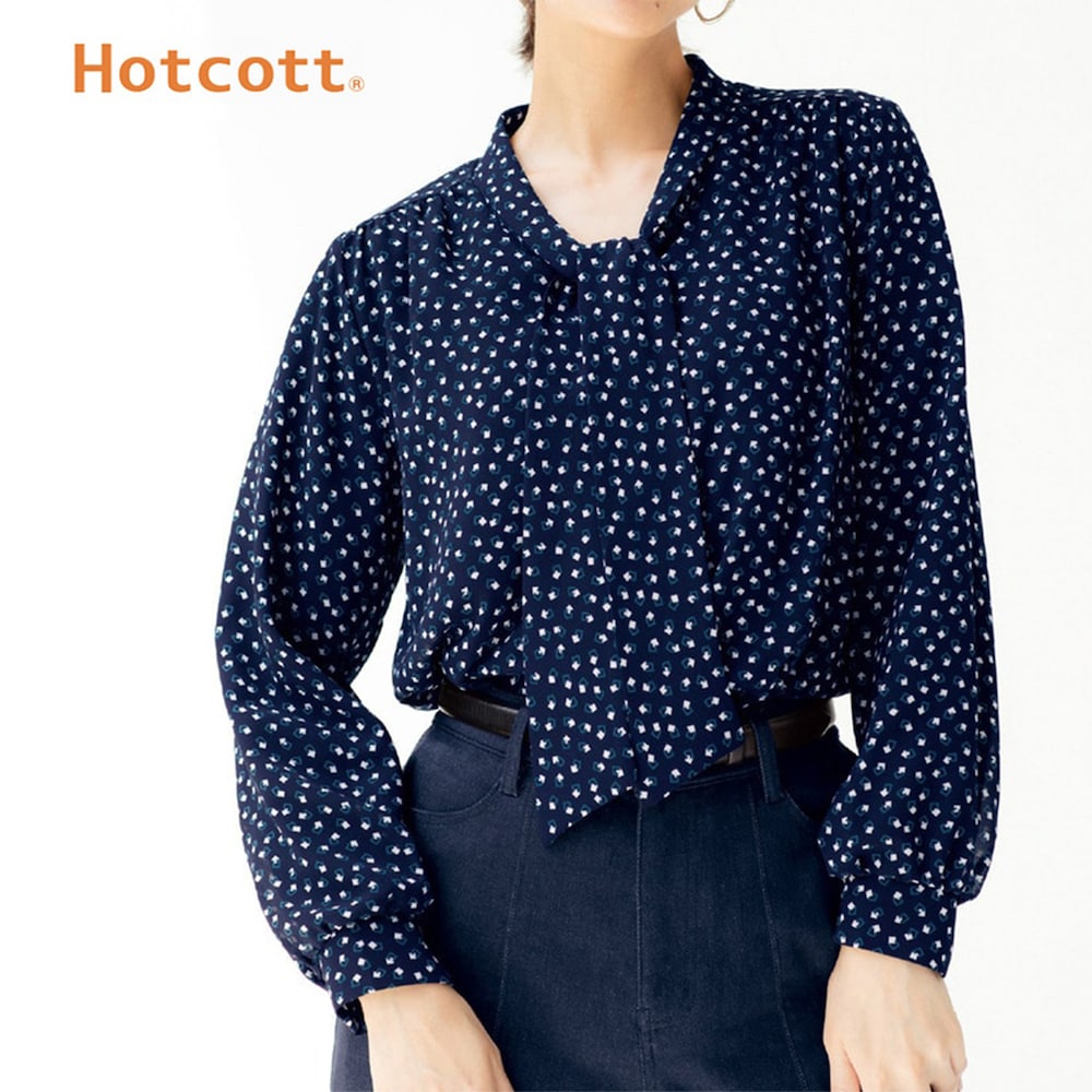 【ホットコット/Hotcott】あったか裏カットソー付きボウタイブラウス【吸湿発熱】