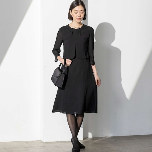 【50％OFF】タックノーカラー2ピース風ワンピ 【喪服・礼服】