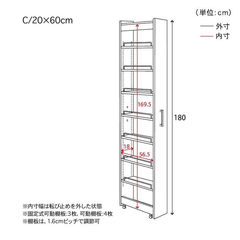 商品サイズ／Cタイプ／幅20×奥行60cm