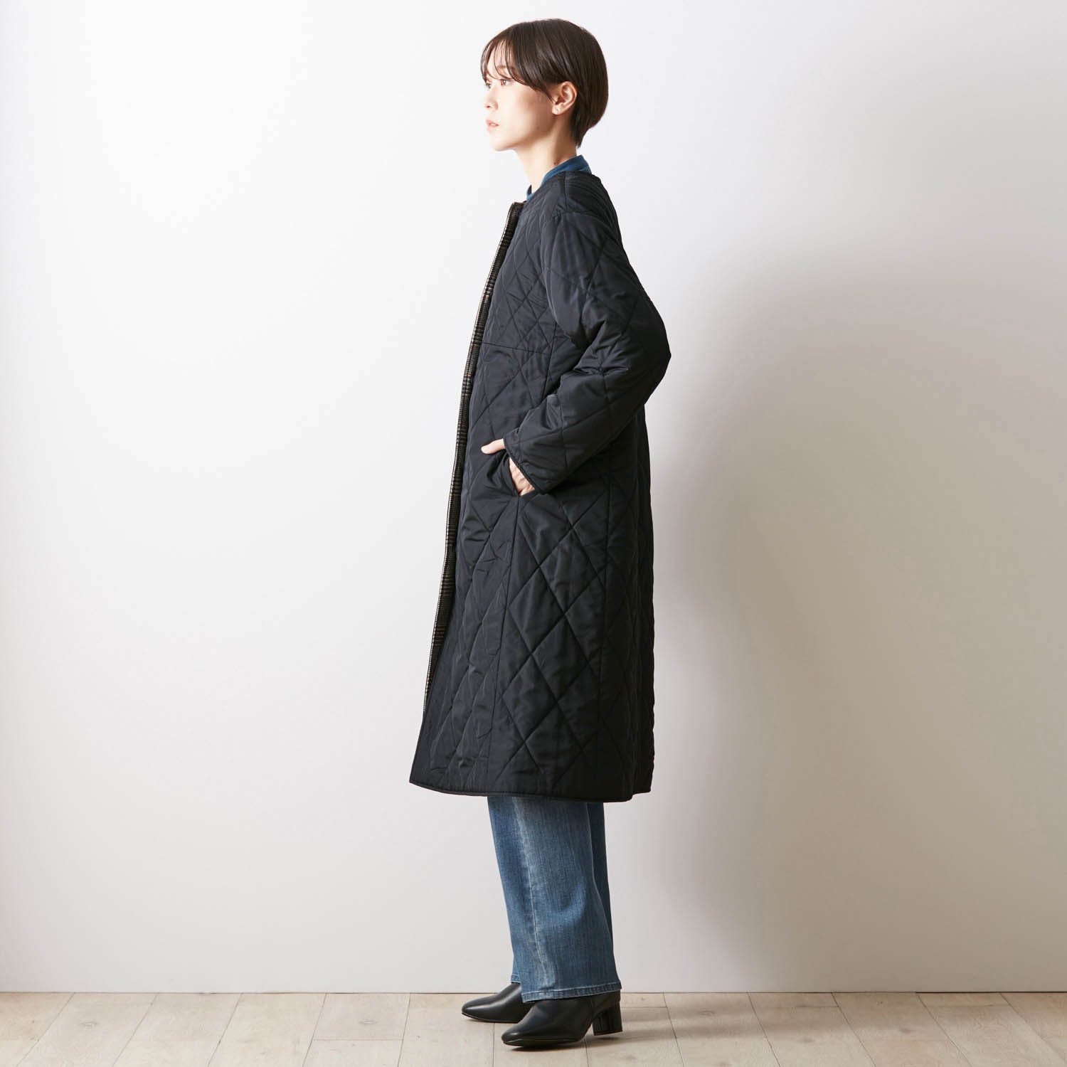 【美品】エポカ リバーシブル ロングコート 中綿 ベルト付き ブラック ヒョウ柄