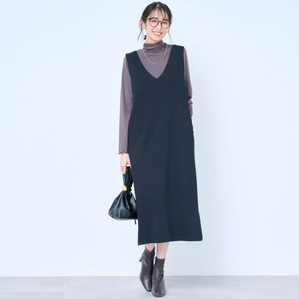 【ベルメゾン】綿混ポンチジャンスカワンピ(丈が選べる)