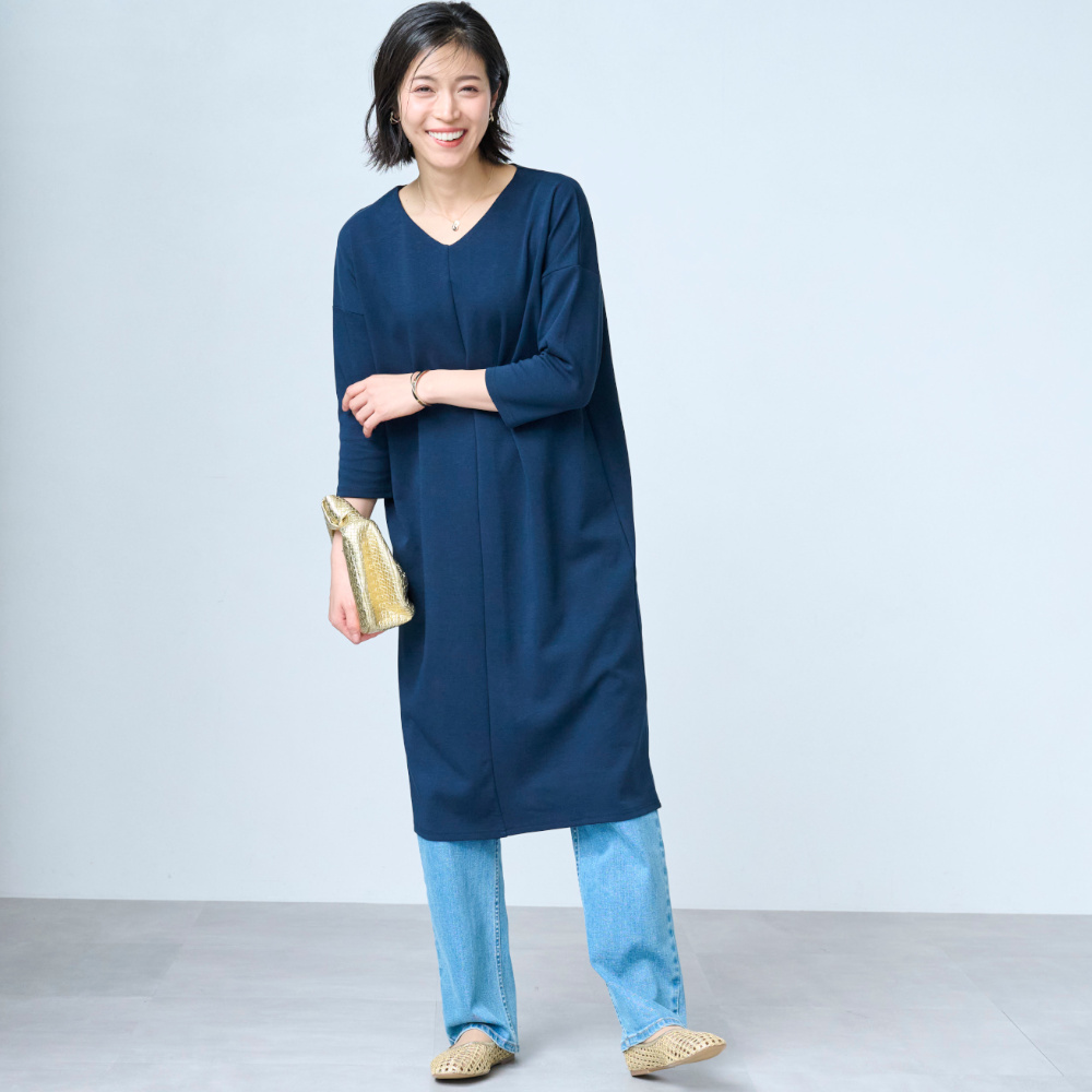 【ベルメゾン】綿混ポンチVネックチュニック(丈が選べる)