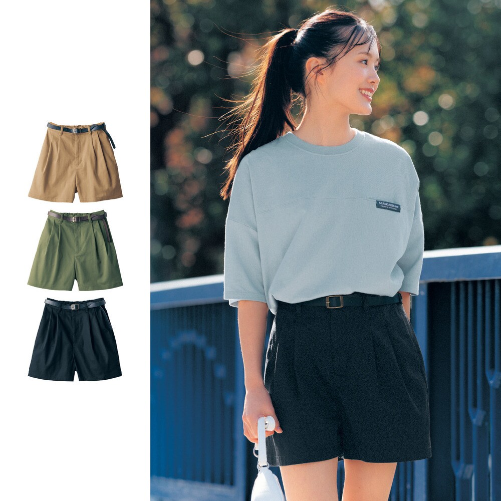 【STANDARD me】ベージュ再入荷/ ベルト付きマニッシュショートパンツ(ウエスト調節可) 【子供ズボン】