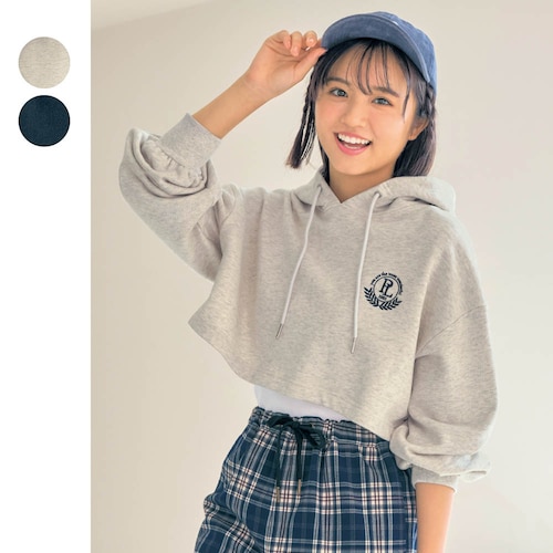 ワンポイント刺繍ショート丈ヘビーウェイト綿裏毛スウェットワイドプルパーカ 【子供服 長袖】