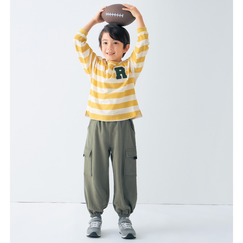 イエロー×オフホワイトボーダー／モデル身長115.5cm・サイズ110