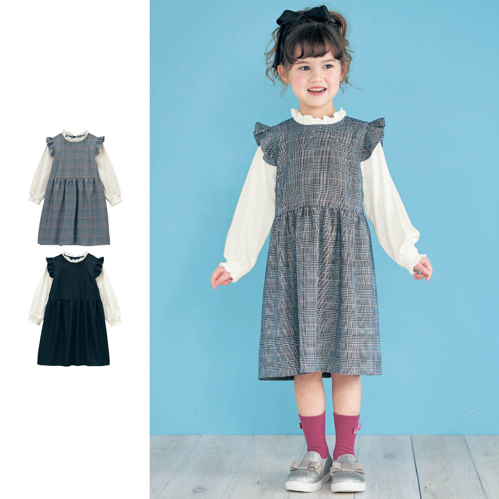 【ベルメゾン】肩フリルレイヤード風ドッキングワンピース 【子供服 長袖】 【ベルメゾン】肩フリルレイヤード風ドッキングワンピース 【子供服 長袖】