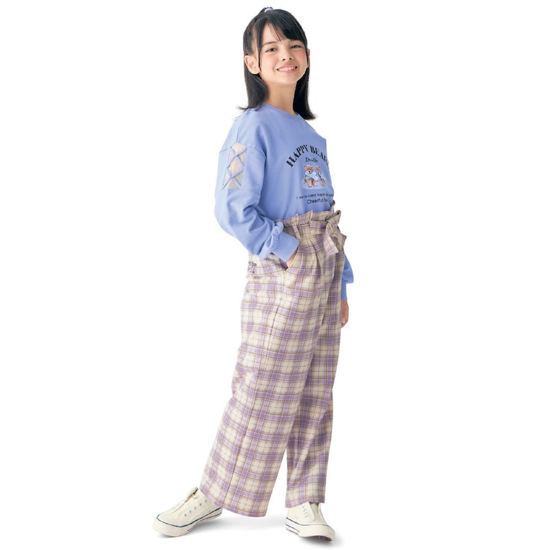 ラベンダーチェック／モデル身長139cm・サイズ140