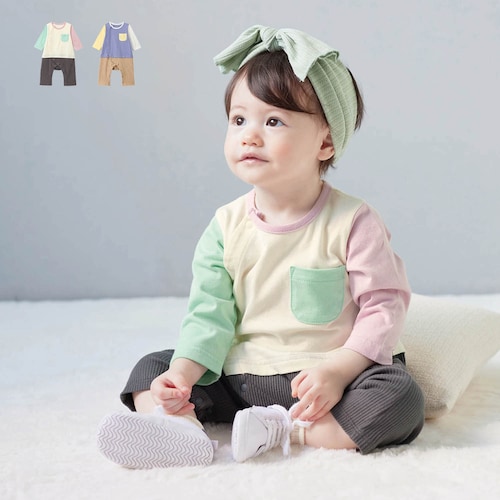マルチカラー配色長袖前開きカエルロンパース 【ベビー服 新生児 きょうだいリンク】