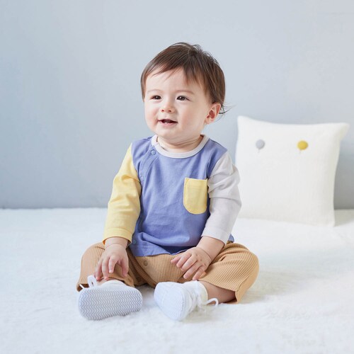 マルチカラー配色長袖前開きカエルロンパース 【ベビー服 新生児 きょうだいリンク】