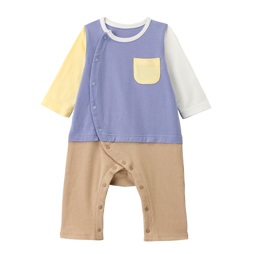 マルチカラー配色長袖前開きカエルロンパース 【ベビー服 新生児 きょうだいリンク】