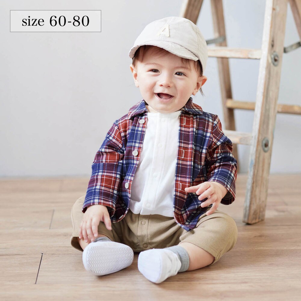【ベルメゾン】シャツレイヤード風長袖前開きカエルロンパース 【ベビー服 新生児】