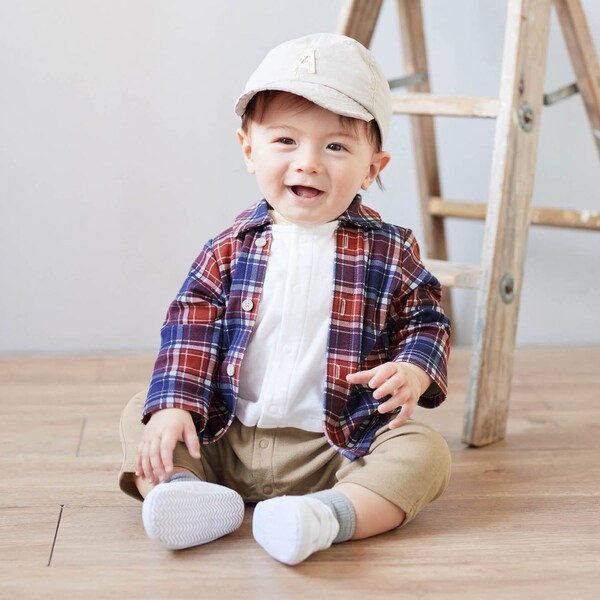 【ベルメゾン】シャツレイヤード風長袖前開きカエルロンパース 【ベビー服 新生児】