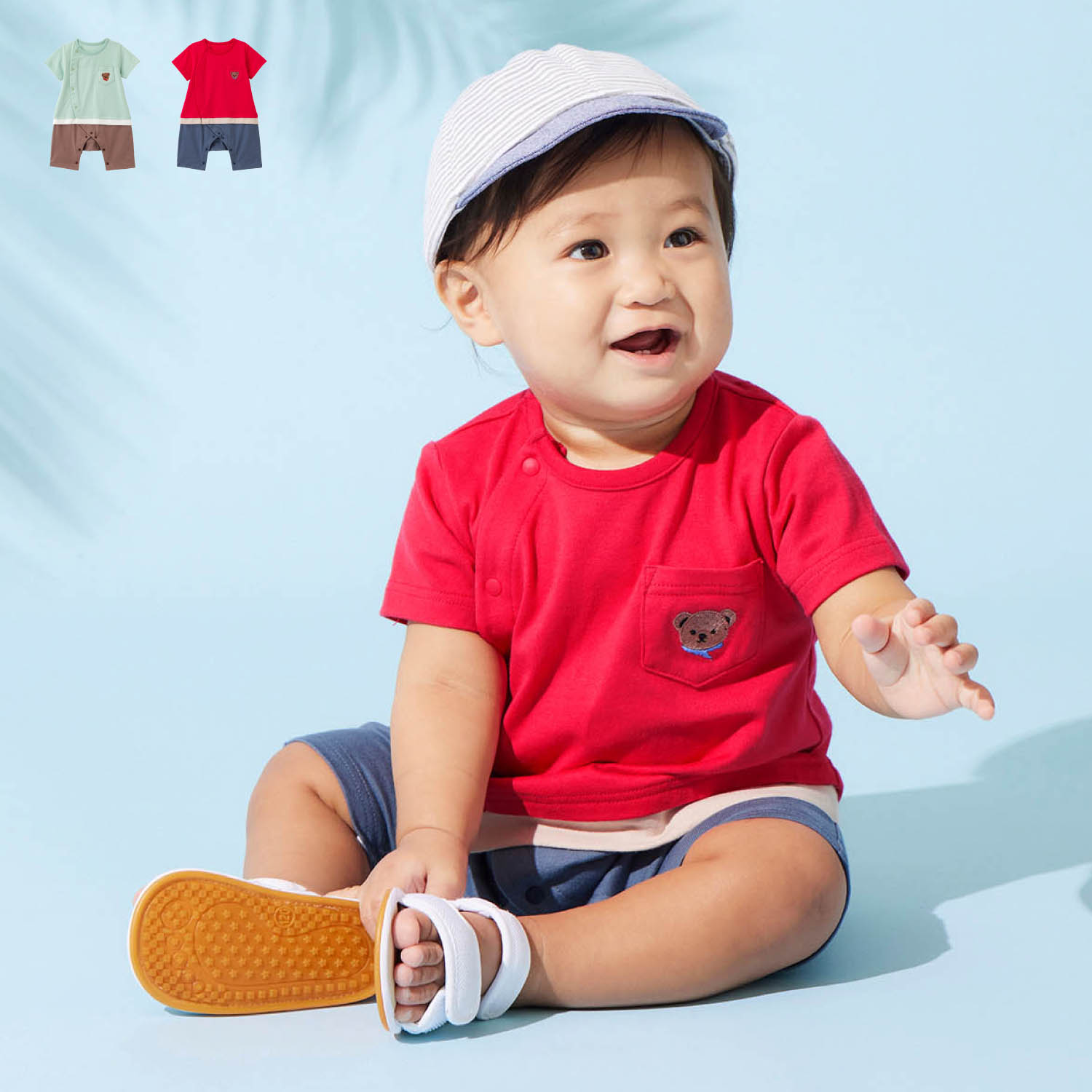 【ベルメゾン】胸刺繍Tシャツレイヤード風半袖前開きカエルロンパース 【ベビー服 新生児】