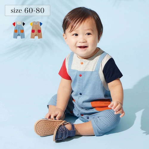 サロペットレイヤード風半袖前開きカエルロンパース 【ベビー服 新生児】