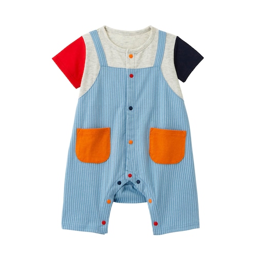 サロペットレイヤード風半袖前開きカエルロンパース 【ベビー服 新生児】