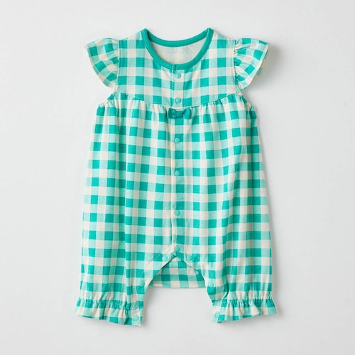 ギンガムチェック肩フリル前開きカエルロンパース 【ベビー服 新生児】