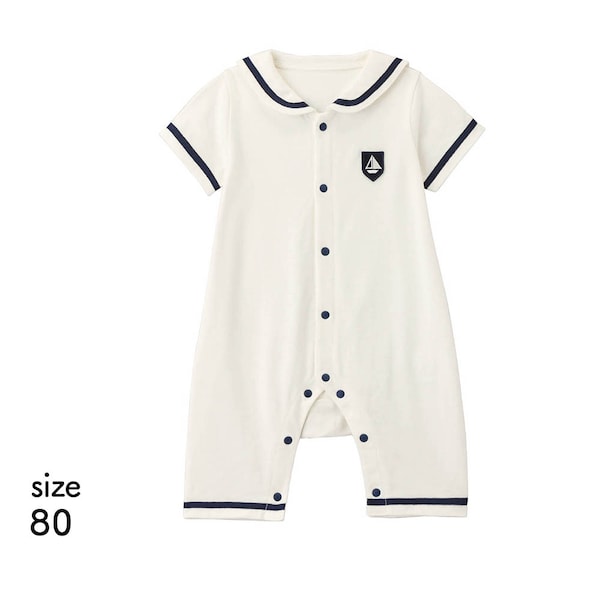【ベルメゾン】胸刺繍セーラー襟半袖前開きカエルロンパース 【ベビー服 新生児】
