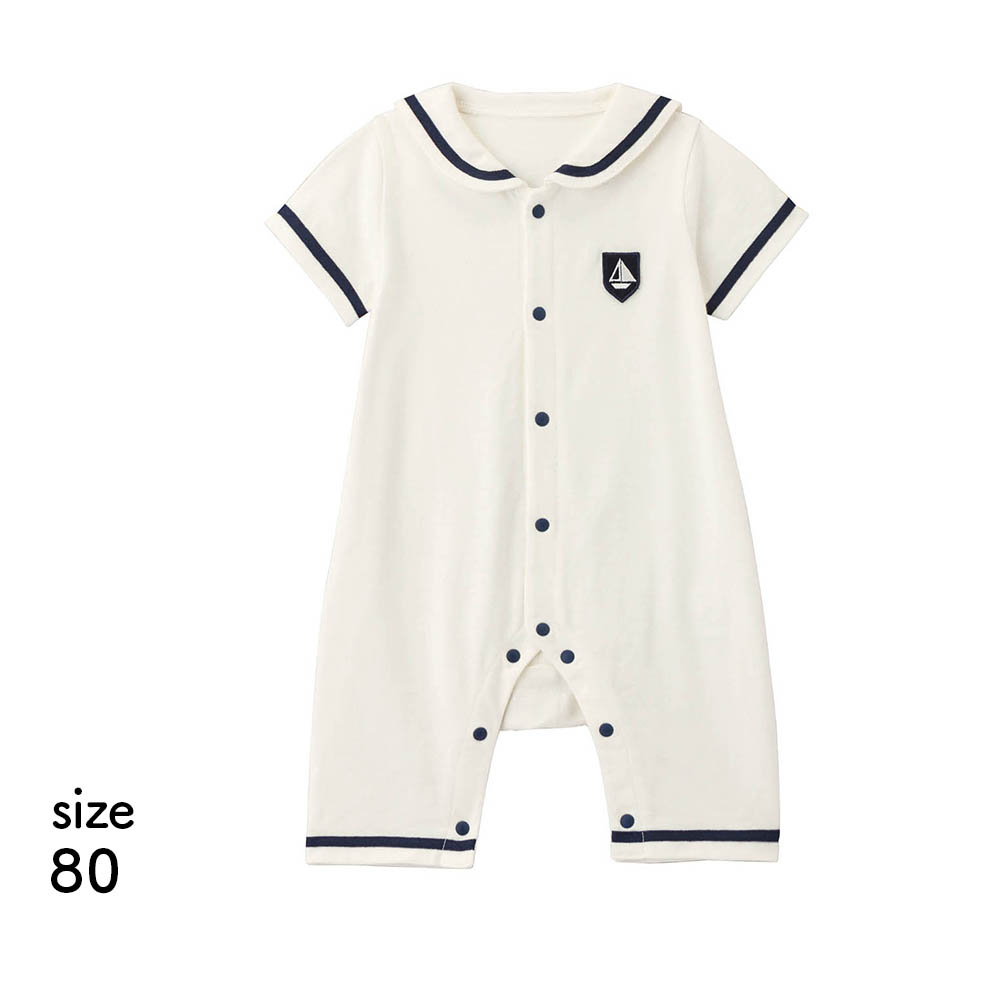 胸刺繍セーラー襟半袖前開きカエルロンパース 【ベビー服 新生児】