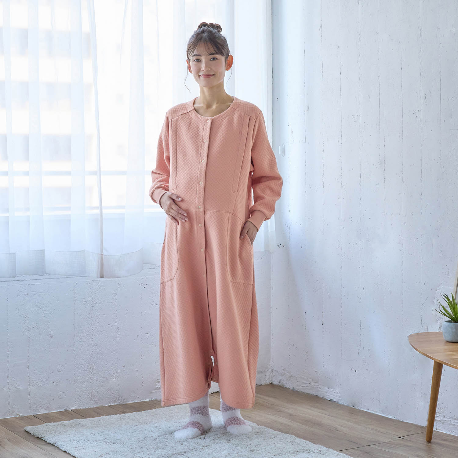 【ベルメゾン】再入荷/ 入院準備に!マタニティサイズニットキルト綿素材2WAY長袖ワンピースパジャマ 【産前・産後】