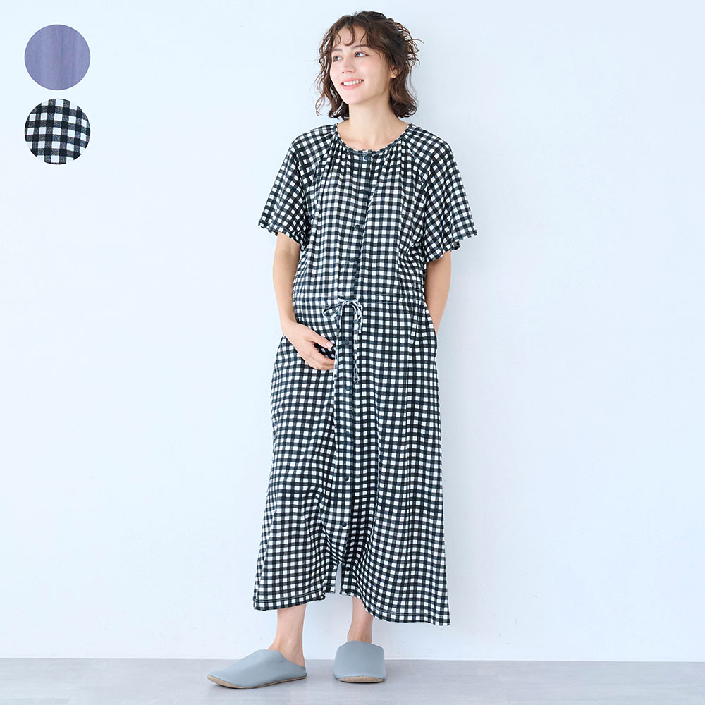 入院準備に!マタニティサイズギャザー2WAY半袖ワンピース綿素材パジャマ 【産前・産後】