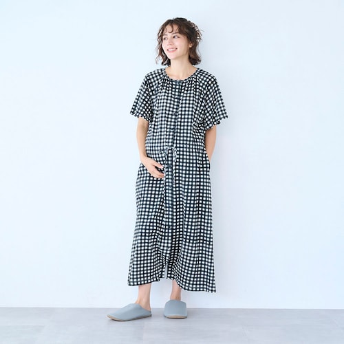 入院準備に！マタニティサイズギャザー2WAY半袖ワンピース綿素材パジャマ 【産前・産後】