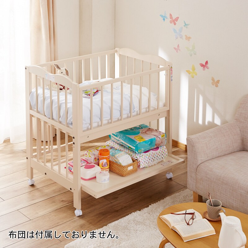 低ホルマリンのスライド収納棚付コンパクトベビーベッド ［日本製  