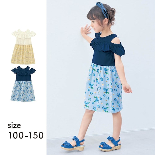 肩見せフリルウエスト切替えワンピース 【子供服 半袖】