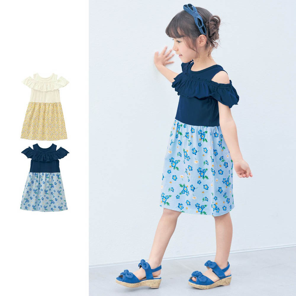 【ベルメゾン】肩見せフリルウエスト切替えワンピース 【子供服 半袖】 【ベルメゾン】肩見せフリルウエスト切替えワンピース 【子供服 半袖】