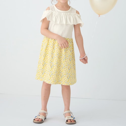 肩見せフリルウエスト切替えワンピース 【子供服 半袖】