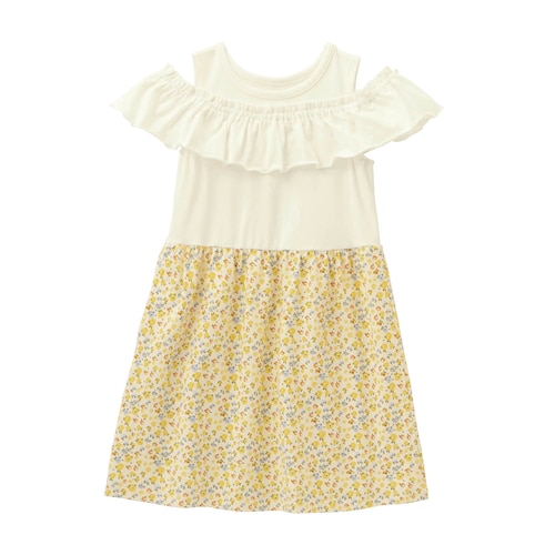 肩見せフリルウエスト切替えワンピース 【子供服 半袖】