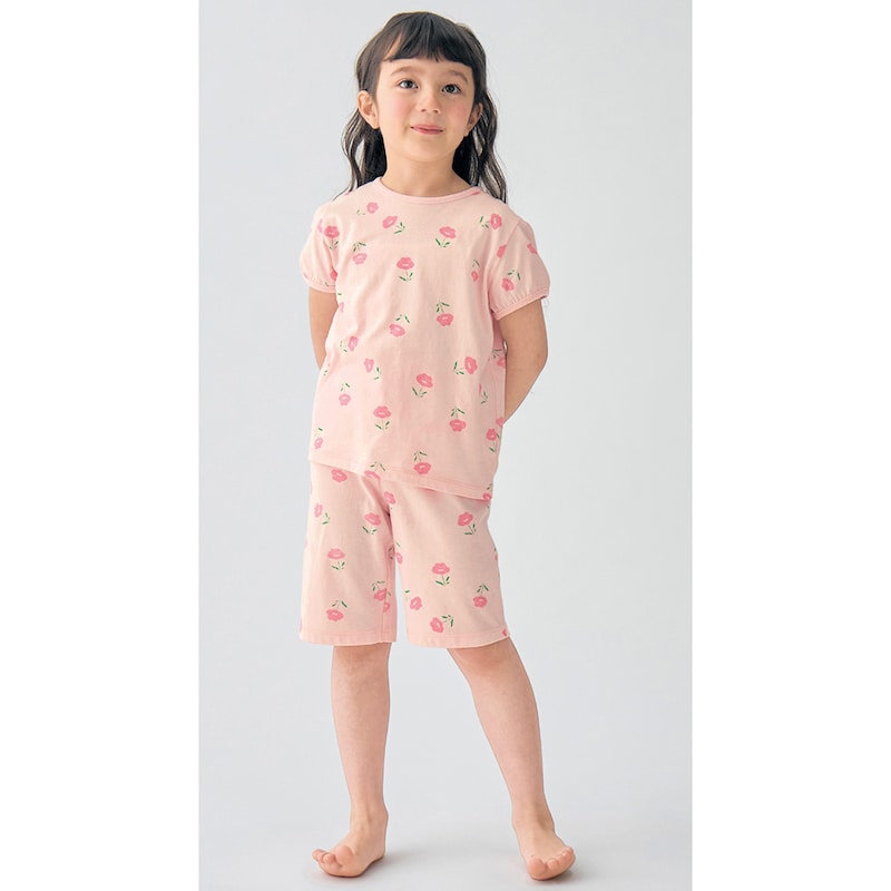 ピンク（水彩フラワー）／モデル身長114cm・サイズ110