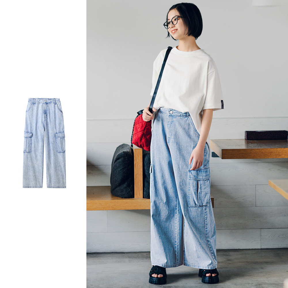 【STANDARD me】ライトオンスデニムカーゴワイドパンツ(ウエスト調節可) 【子供ズボン】