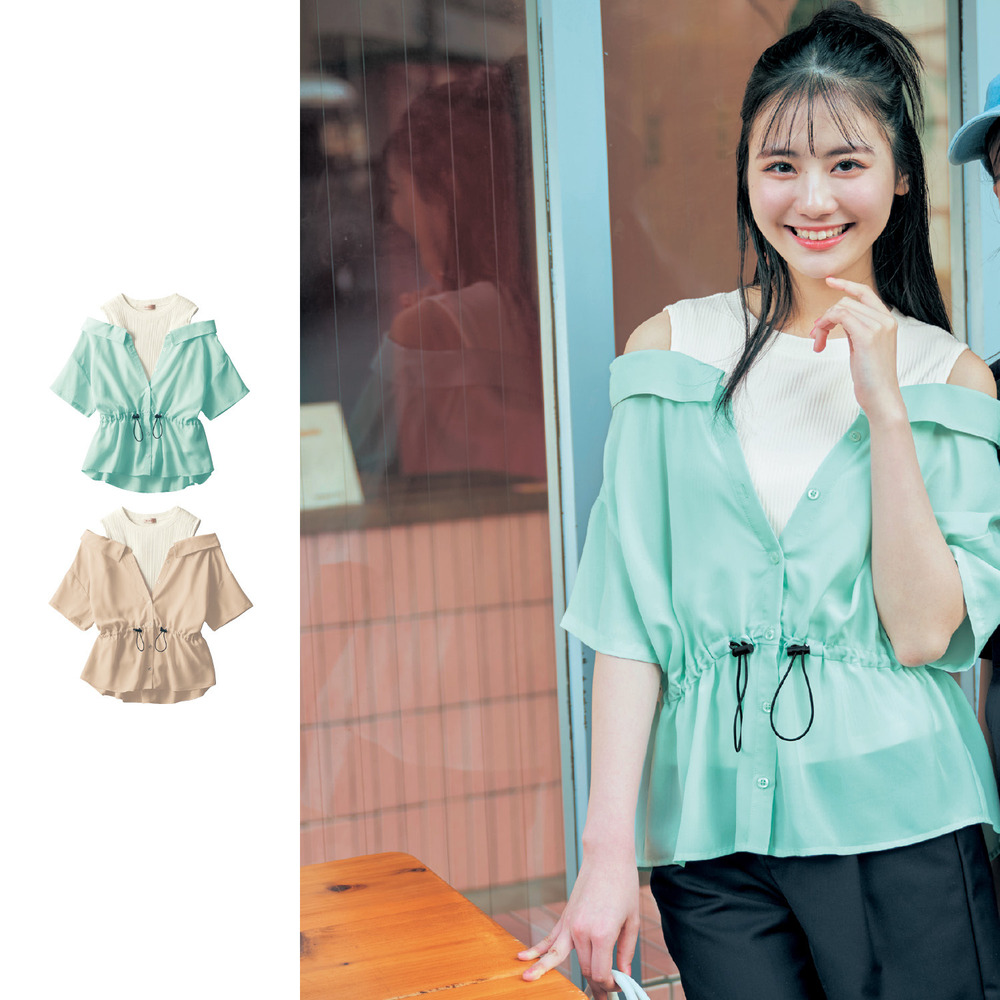 【パペル ラピス/Papel lapiz】レイヤード風オープンショルダーシアーシャツプルオーバー 【子供服 半袖】 【パペル ラピス/Papel lapiz】レイヤード風オープンショルダーシアーシャツプルオーバー 【子供服 半袖】