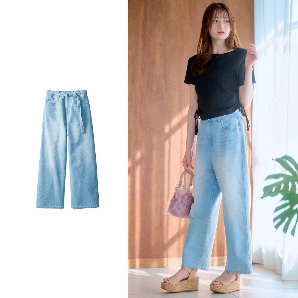 【パペル ラピス/Papel lapiz】ウエストベルト付きワイドストレートデニムパンツ(ウエスト調節可) 【子供ズボン】