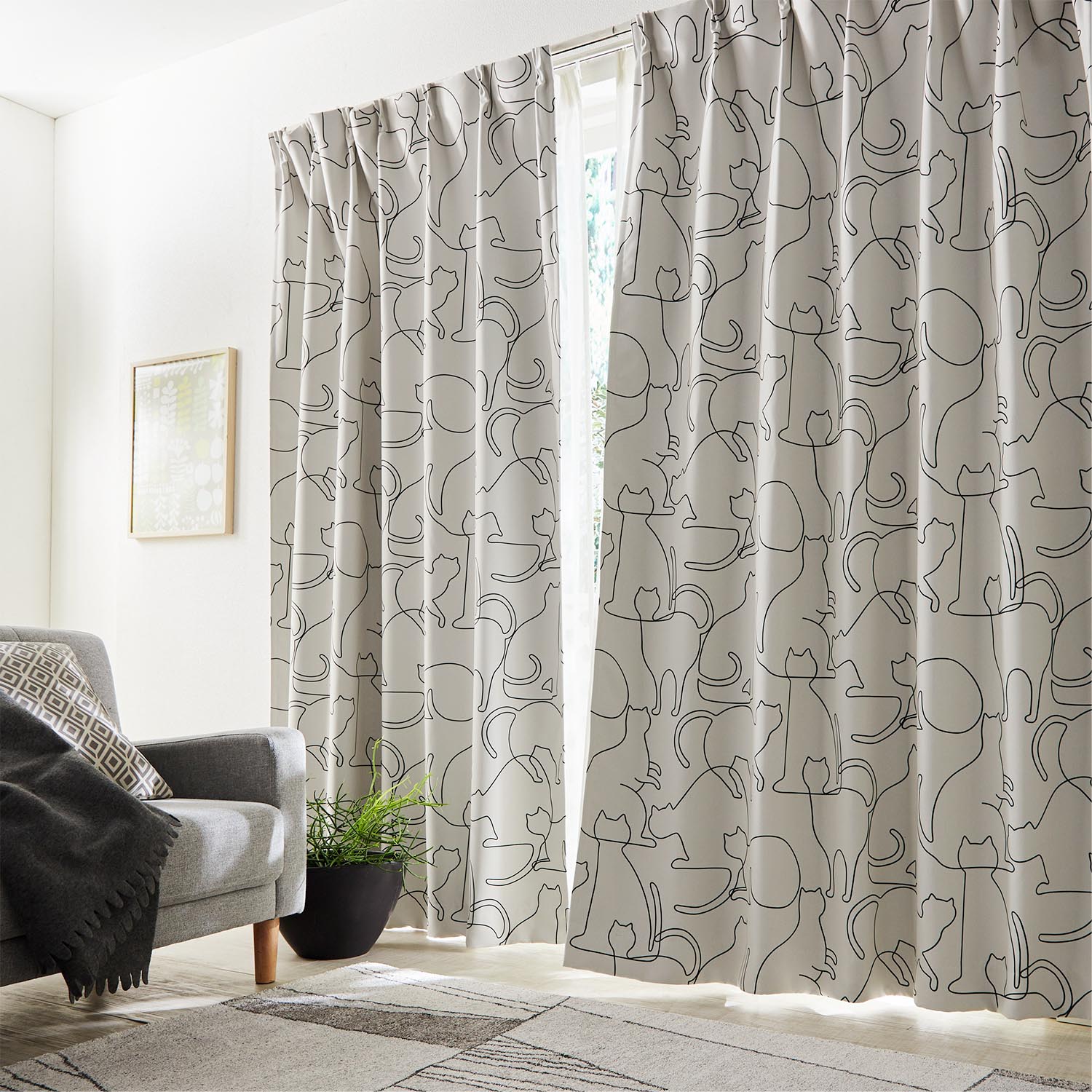 【ベルメゾン】【99サイズ】 ラインで描いた猫の洗える遮光カーテン