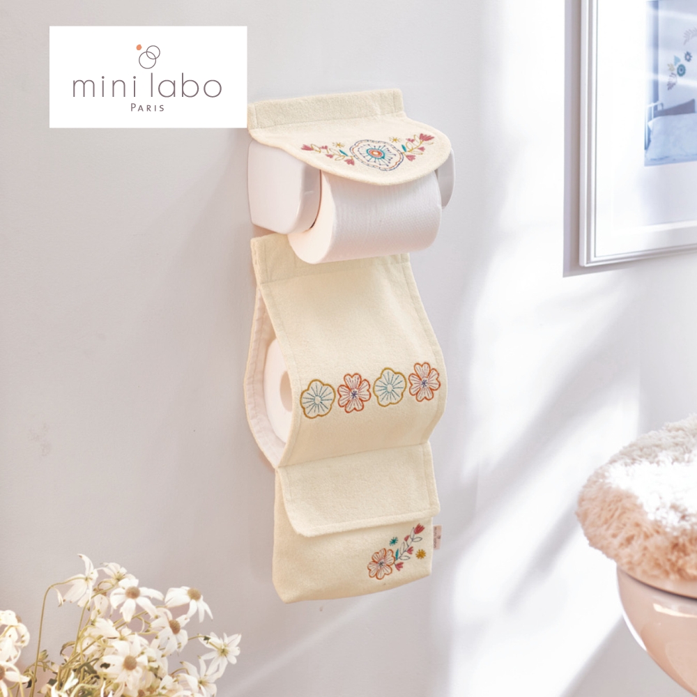 【ミニラボ/mini labo】ポーチ付きトイレットペーパーホルダーカバー/刺繍のようなお花畑 「ミニラボ」