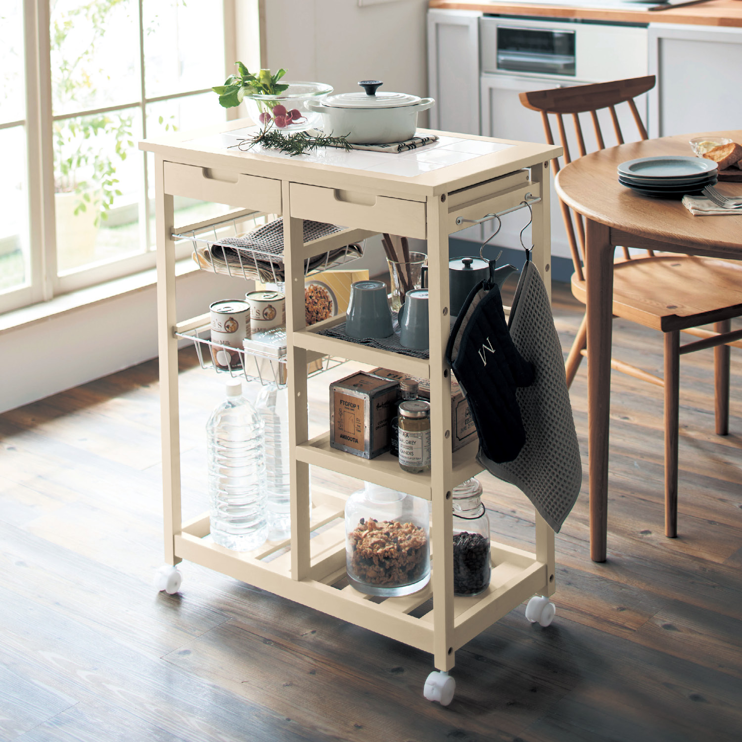 【ベルメゾン】バスケット付きタイル天板キッチンワゴン