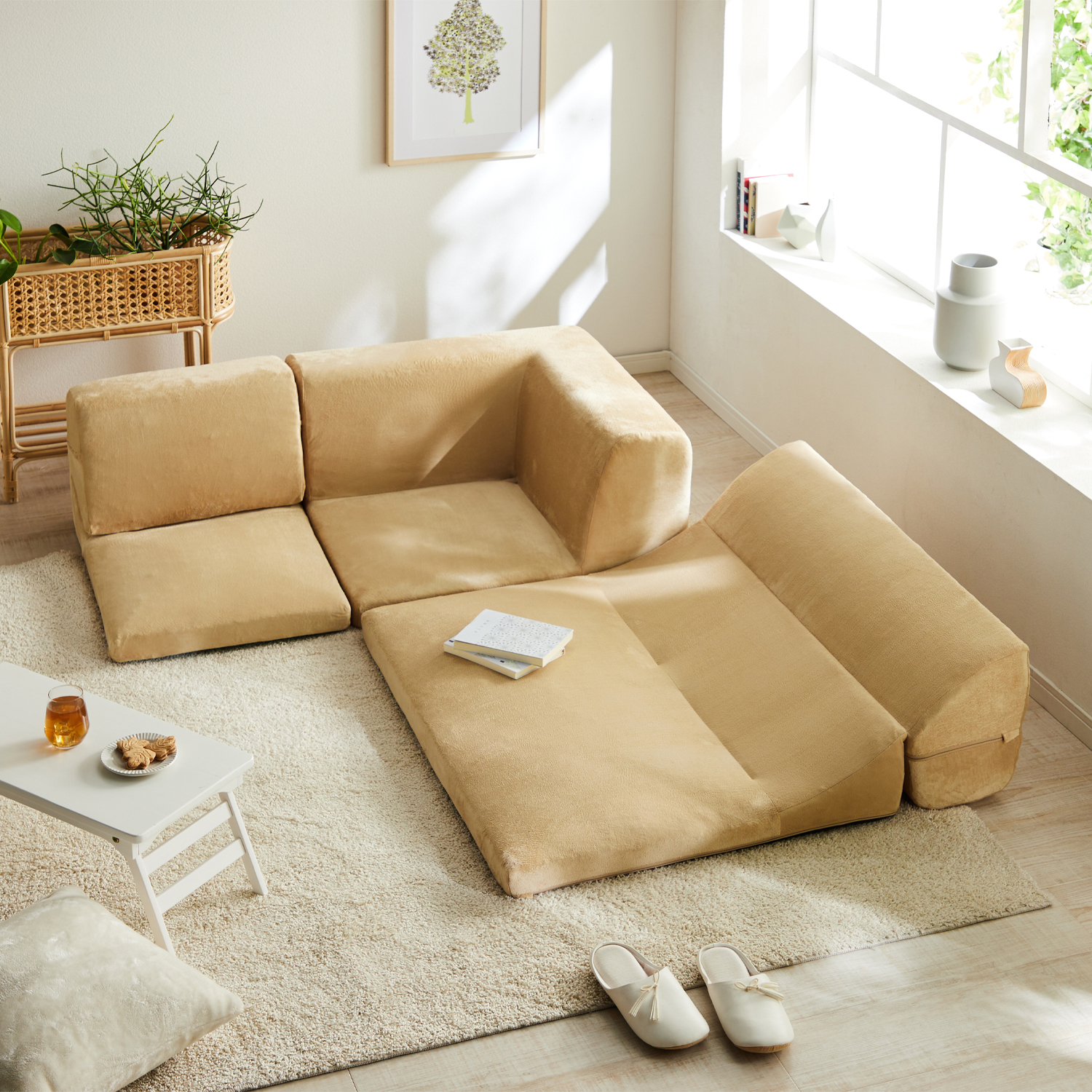 【ベルメゾン】背面を倒してくつろげる肌ざわりのよいコーナーローソファーセット [日本製]