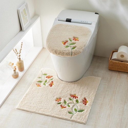 綿素材のフラワー柄トイレマット・フタカバー(単品・セット)