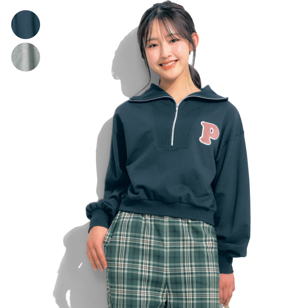 【パペル ラピス/Papel lapiz】サガラ刺繍ハーフジップショート丈綿ミニ裏毛プルオーバー 【子供服 長袖】