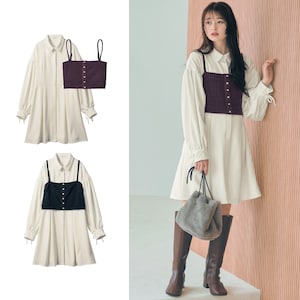 【パペル ラピス/Papel lapiz】ビスチェ & 袖リボンボリュームギャザーシャツワンピースセット 【子供服 長袖】