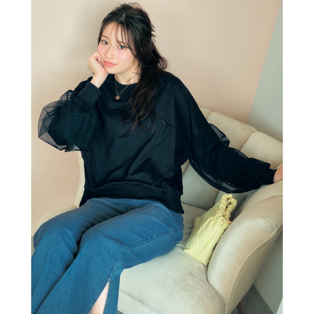 フリンジ使いセンタープレスワイドデニムパンツ(ウエスト調節可