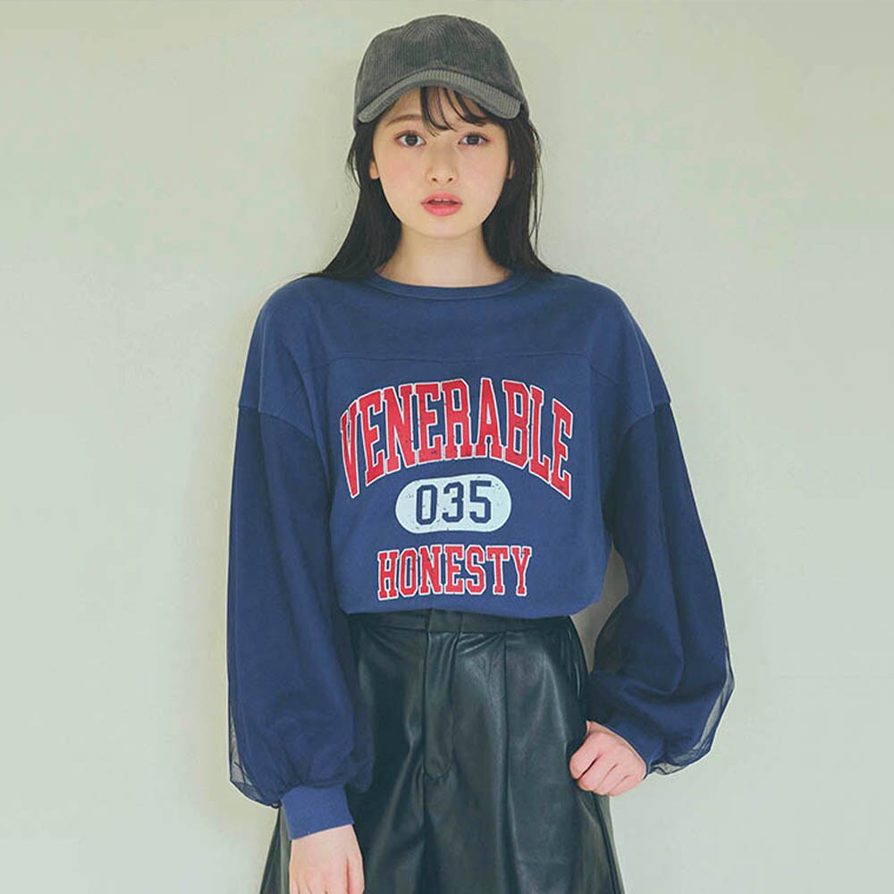 【パペル ラピス/Papel lapiz】チュールドッキングかすれ調プリントフットボール長袖タフTシャツ 【子供服】