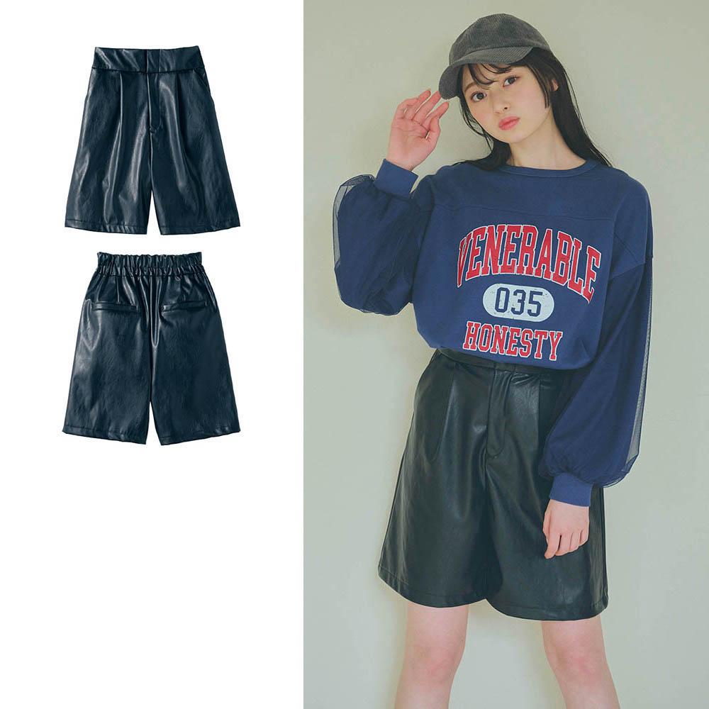 【パペル ラピス/Papel lapiz】合成皮革タックハーフパンツ(ウエスト調節可) 【子供ズボン】 【パペル ラピス/Papel lapiz】合成皮革タックハーフパンツ(ウエスト調節可) 【子供ズボン】