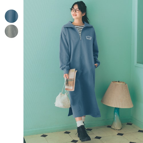 ビッグカラーハーフジップ綿裏毛ワンピース 【子供服 長袖】
