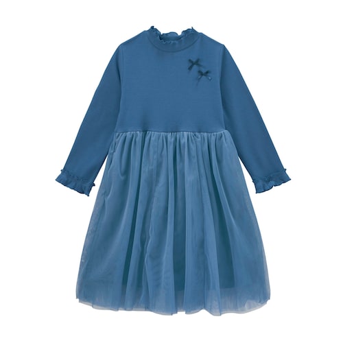 リボン付きふんわりチュールワンピース 【子供服 長袖】