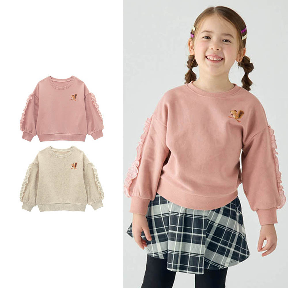 【ベルメゾン】リス刺繍袖シフォンフリル裏毛プルオーバー 【子供服 長袖】