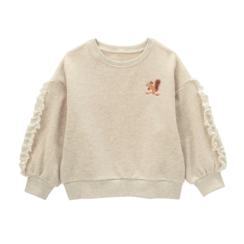 リス刺繍袖シフォンフリル裏毛プルオーバー 【子供服 長袖】
