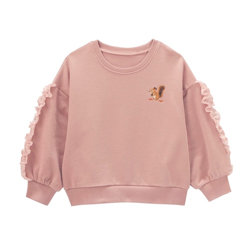 リス刺繍袖シフォンフリル裏毛プルオーバー 【子供服 長袖】