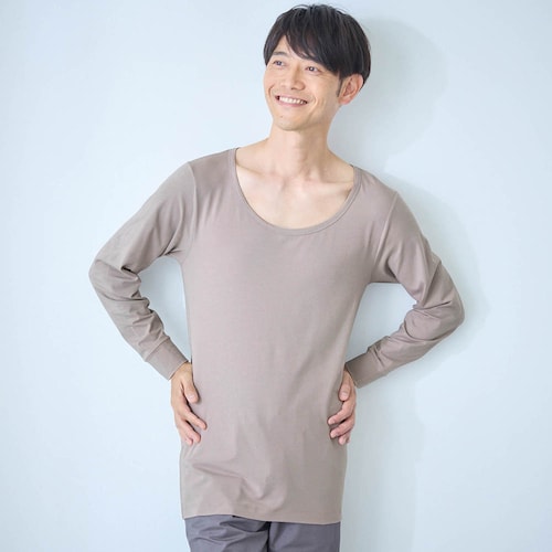 綿混あったかインナー・襟ひろめ長袖メンズ